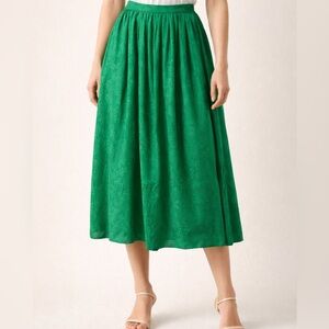 Women's Midi Skirt emerald green with Gathered Waist silk high waist vintage s